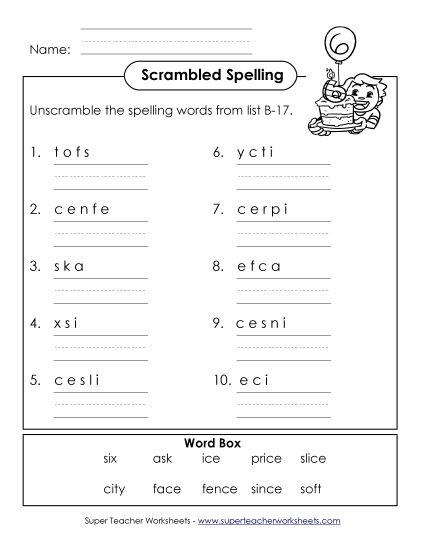 Worksheets - Word Unscramble (B-17) (Printable PDF Worksheet)