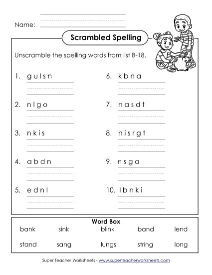 Worksheets - Word Unscramble (B-18) (Printable PDF Worksheet)