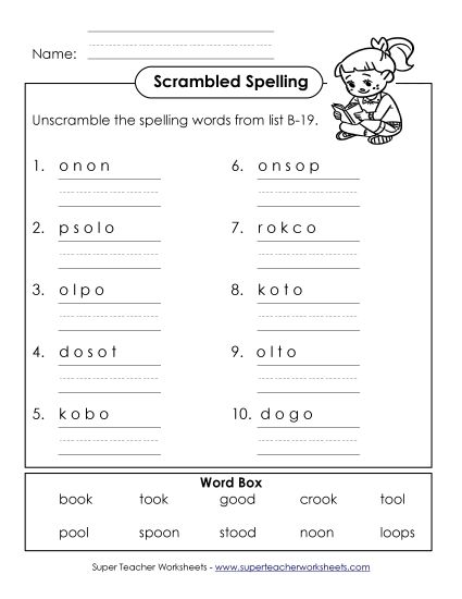 Worksheets - Word Unscramble (B-19) (Printable PDF Worksheet)