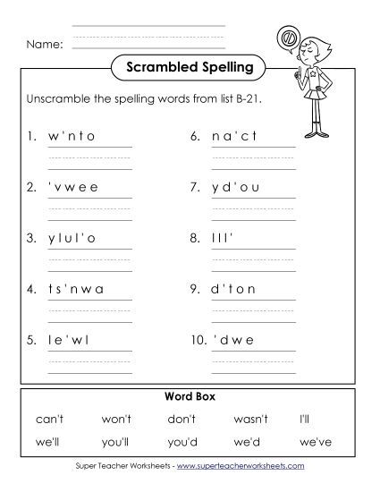Worksheets - Word Unscramble (B-21) (Printable PDF Worksheet)