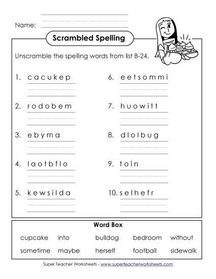 Worksheets - Word Unscramble (B-24) (Printable PDF Worksheet)