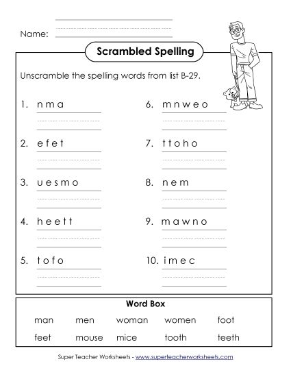 Worksheets - Word Unscramble (B-29) (Printable PDF Worksheet)