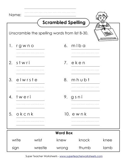 Worksheets - Word Unscramble (B-30) (Printable PDF Worksheet)