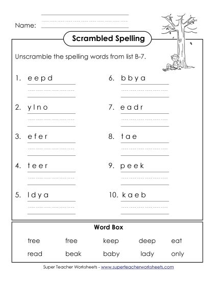 Worksheets - Word Unscramble (B-7) (Printable PDF Worksheet)
