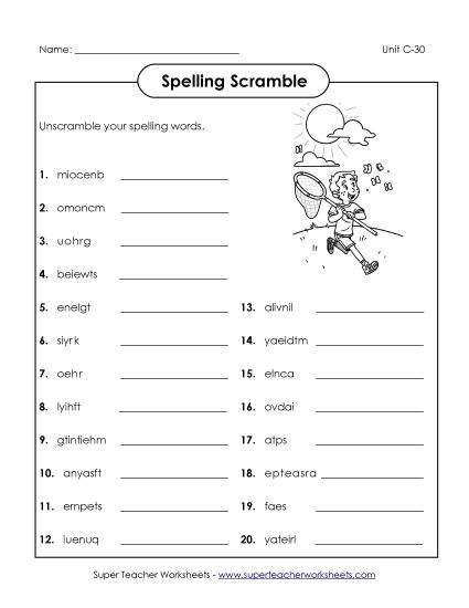 Worksheets - Word Unscramble (C-30) (Printable PDF Worksheet)