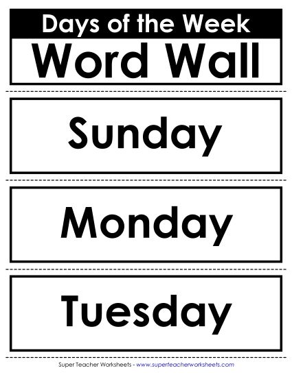 Cards for Calendars or Word Walls - Word Wall Cards: Days of the Week (Printable PDF Worksheet)