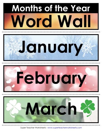 Cards for Calendars or Word Walls - Word Wall Cards: Months of the Year (Printable PDF Worksheet)