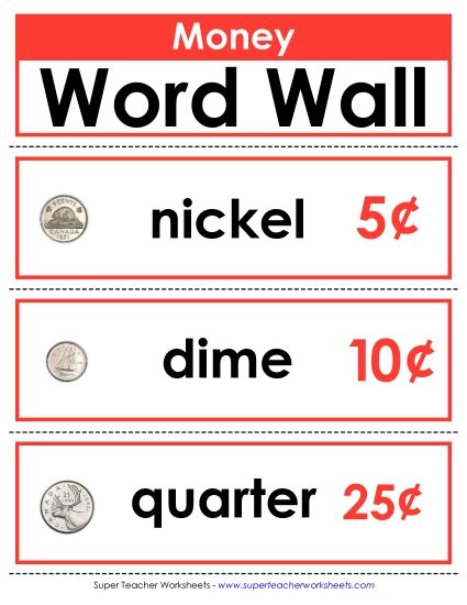 Word Walls Pocket Charts - Word Wall: Coins & Bills (Printable PDF Worksheet)