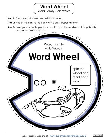 Word Slider, Flash Cards, and Word Wheel - Word Wheel (-ab Words) (Printable PDF Worksheet)