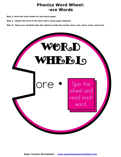 Word Slider, Flashcards, and Word Wheel - Word Wheel Activity (-ore Words) (Printable PDF Worksheet)