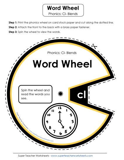 Flashcards, Sliders, and Word Wheels - Word Wheel (Cl- Blends)  (Printable PDF Worksheet)