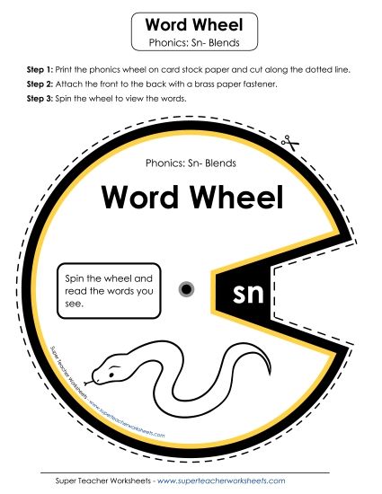 Flashcards, Slider, and Word Wheel - Word Wheel (Sn- Blends)  (Printable PDF Worksheet)