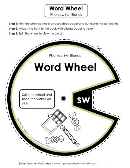 Flashcards, Slider, and Word Wheel - Word Wheel (Sw- Words) (Printable PDF Worksheet)