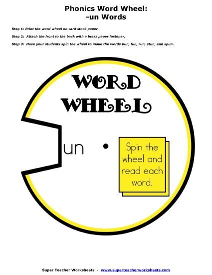 Word Slider, Flashcards, and Word Wheel - Word Wheel (-un Words) (Printable PDF Worksheet)