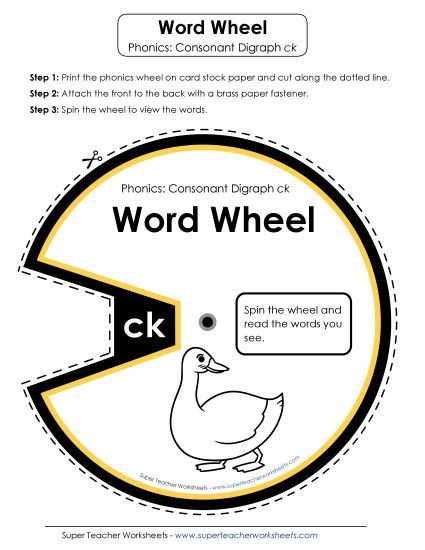Flashcards, Sliders, and Word Wheels - Word Wheel:  Words Ending with /ck/ (Printable PDF Worksheet)