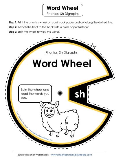 Sliders, Word Wheels, & Flashcards - Word Wheel Words That Start With Sh (Printable PDF Worksheet)