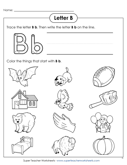Worksheets - Words that Start with B b (Printable PDF Worksheet)