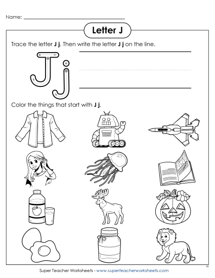Worksheets - Words that Start with J j  (Printable PDF Worksheet)