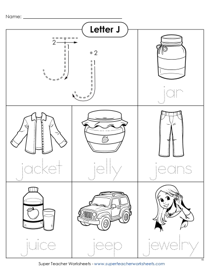 Worksheets - Words that Start with J j (Printable PDF Worksheet)