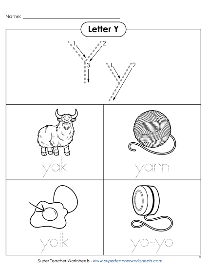 Worksheets - Words that Start with Y y (Printable PDF Worksheet)