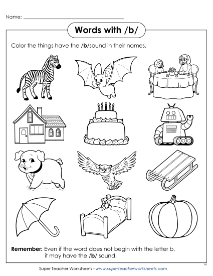 Worksheets - Words with B b (Printable PDF Worksheet)