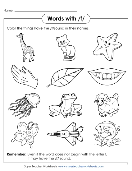 Worksheets - Words with F f (Printable PDF Worksheet)