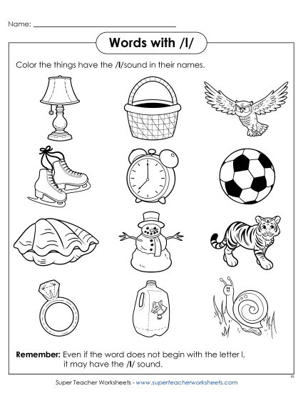 Worksheets - Words with L l (Printable PDF Worksheet)