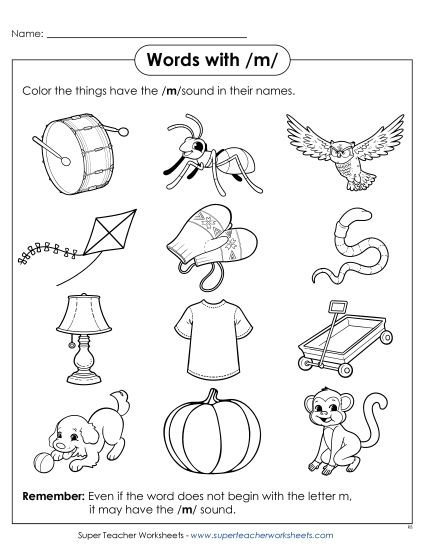 Worksheets - Words with M m (Printable PDF Worksheet)