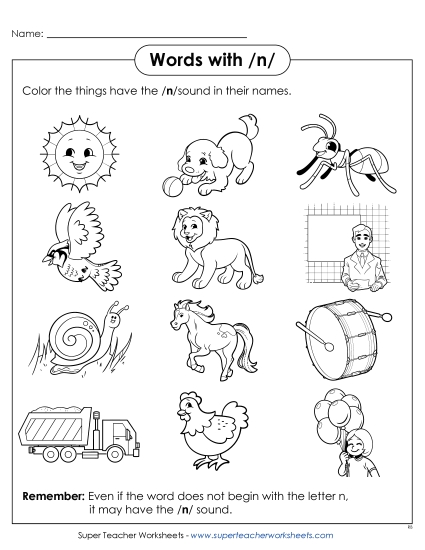 Worksheets - Words with N n (Printable PDF Worksheet)