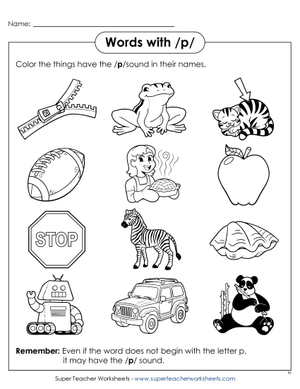 Worksheets - Words with P p (Printable PDF Worksheet)