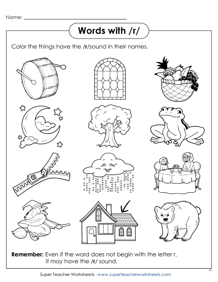 Worksheets - Words with R r (Printable PDF Worksheet)