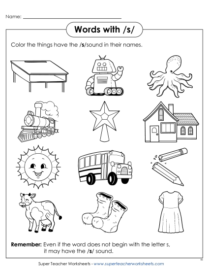 Worksheets - Words with S s (Printable PDF Worksheet)