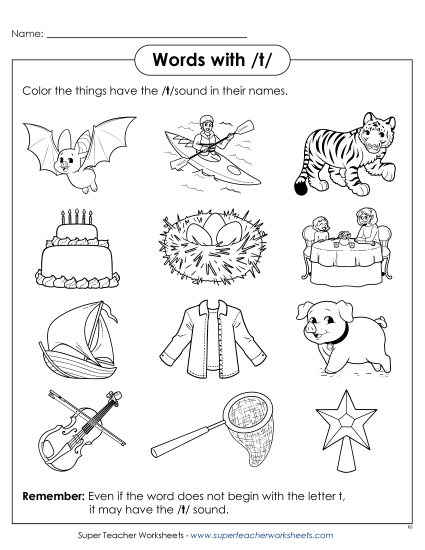 Worksheets - Words with T t (Printable PDF Worksheet)