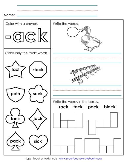 Worksheets - Worksheet 1 (-ack Words) (Printable PDF Worksheet)