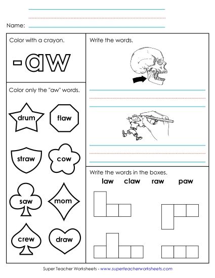 Worksheets - Worksheet 1 (-aw Words) (Printable PDF Worksheet)