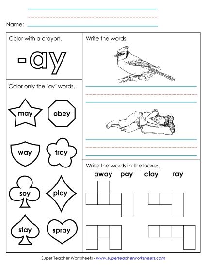 Worksheets - Worksheet 1 (-ay Words) (Printable PDF Worksheet)