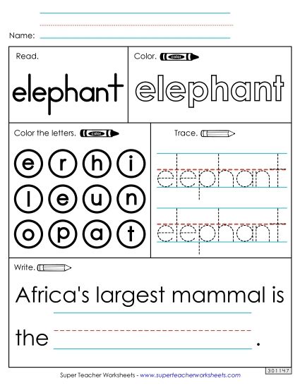 Worksheet 1: Elephant (Printable PDF Worksheet)