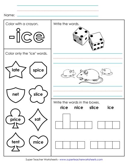 Worksheets - Worksheet 1 (-ice Words) (Printable PDF Worksheet)
