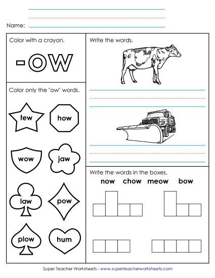 /ow/ Sound (as in Cow) - Worksheet 1 (-ow Words) (Printable PDF Worksheet)