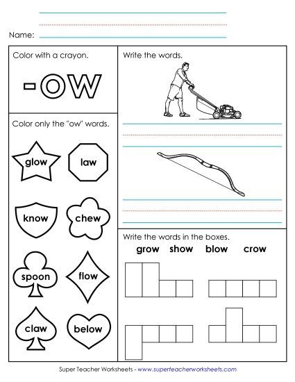 Long-O Sound (as in Grow) - Worksheet 1 (-ow Words) (Printable PDF Worksheet)
