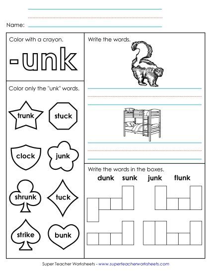 Worksheets - Worksheet 1 (-unk Words) (Printable PDF Worksheet)