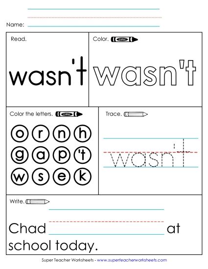 Worksheet 1: Wasn't (Printable PDF Worksheet)