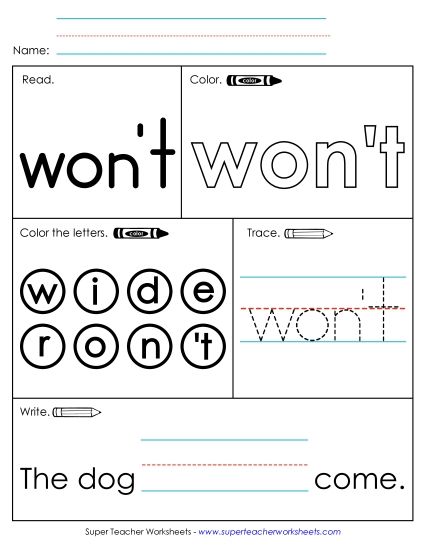 Worksheet 1: Won't (Printable PDF Worksheet)