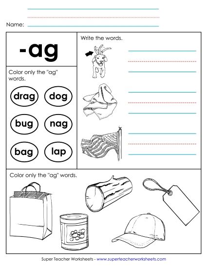 Worksheets - Worksheet 2 (-ag Words) (Printable PDF Worksheet)