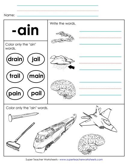 Worksheets - Worksheet 2 (-ain Words) (Printable PDF Worksheet)
