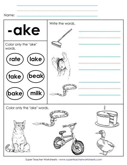 Worksheets - Worksheet 2 (-ake Words) (Printable PDF Worksheet)