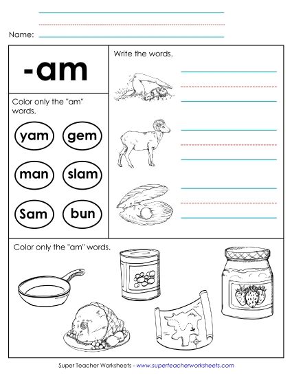 Worksheets - Worksheet 2 (-am Words) (Printable PDF Worksheet)