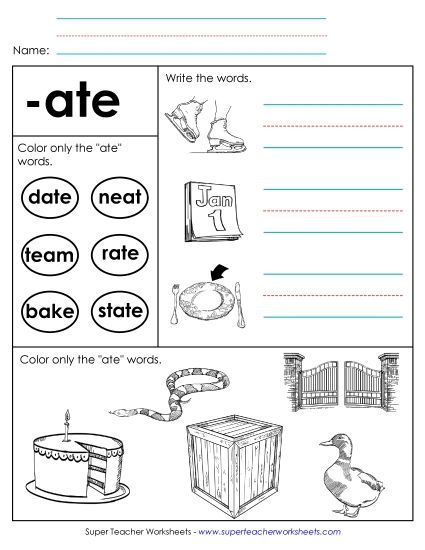 Worksheets - Worksheet 2 (-ate Words) (Printable PDF Worksheet)