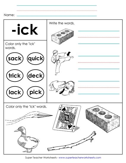 Worksheets - Worksheet 2 (-ick Words) (Printable PDF Worksheet)