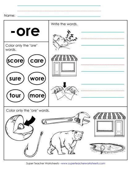 Worksheets - Worksheet 2 (-ore Words) (Printable PDF Worksheet)
